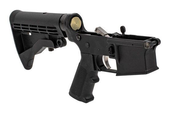 Anderson Manufacturing complete AM-15 lower receiver features a stainless steel trigger, M4 carbine stock, and carbine buffer